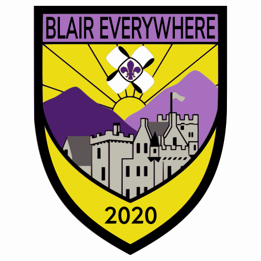 The Blair Everywhere badge design. Shaped like a shield. Blair Everywhere is at the top on a purple stripe. Then a drawing of Blair Castle. 2020 is in a yellow banner at the bottom.