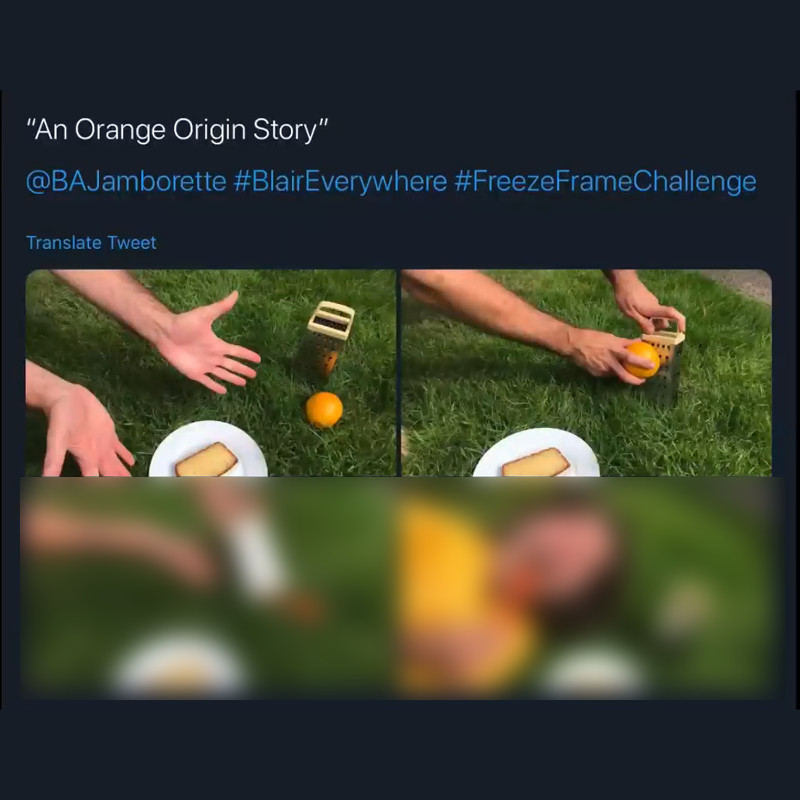 A screen shot of Simon's Freeze Frame Challenge from the video, but the bottom two pictures are blurred so you can't see the ending