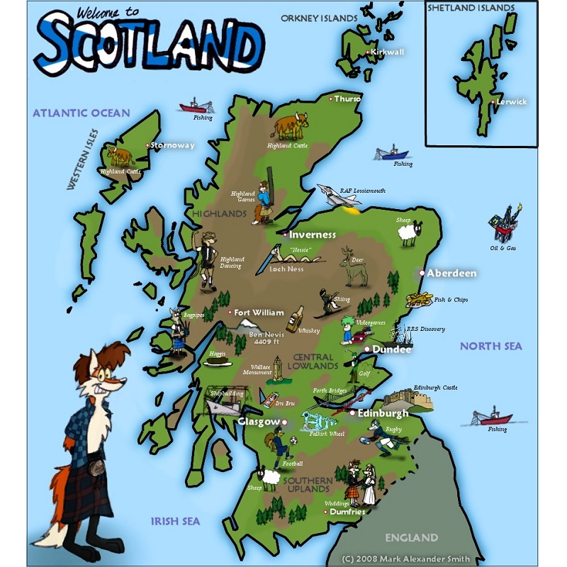 A cartoon map of Scotland